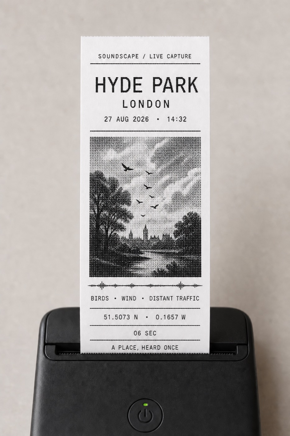 The thermal print layout: place, date, generated image, waveform, detected sounds.